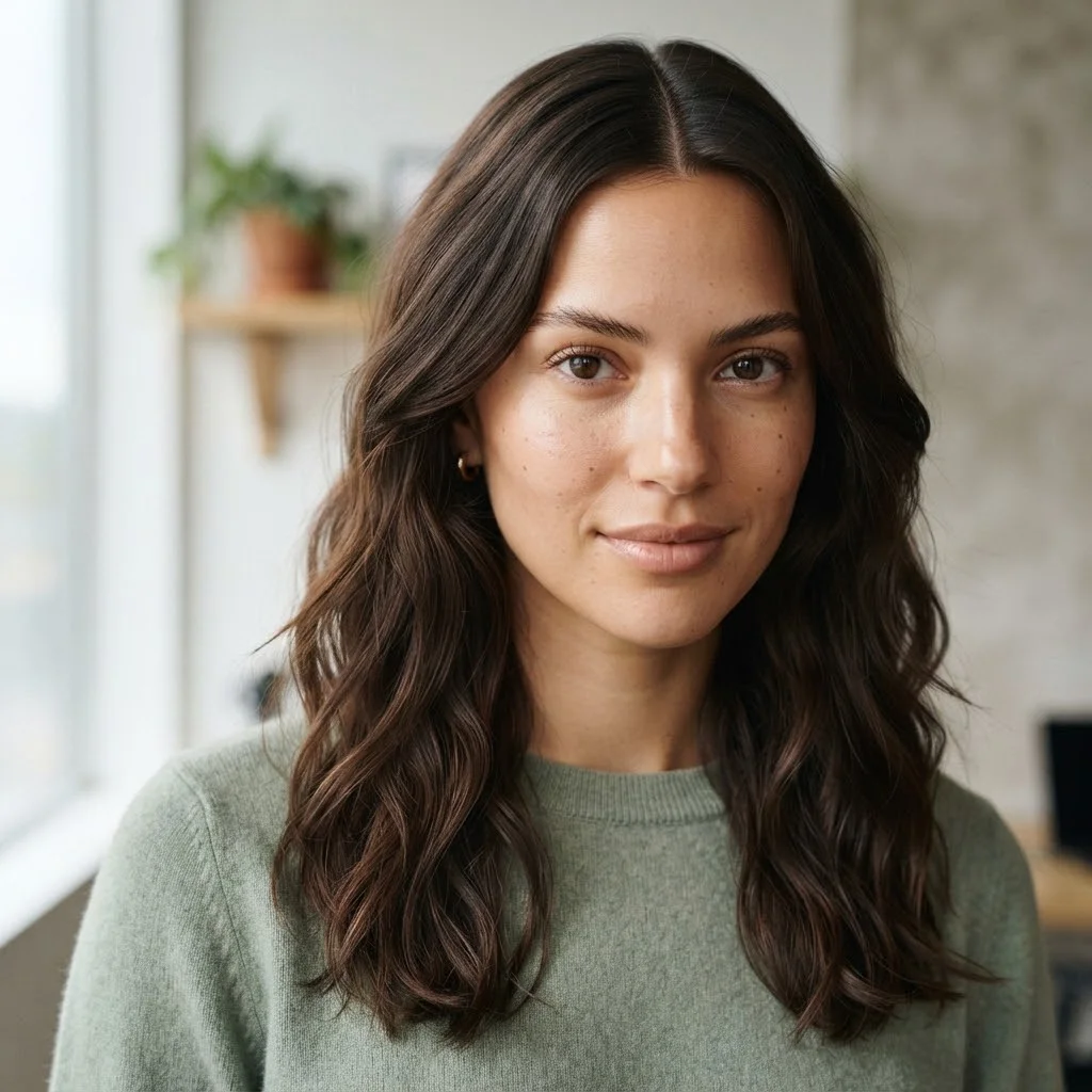 20 Chic Fall Hairstyles for Office 2026: That Look Polished All Day 19 Woman hair styled with a Air-Dried Texture With a Clean Center Part