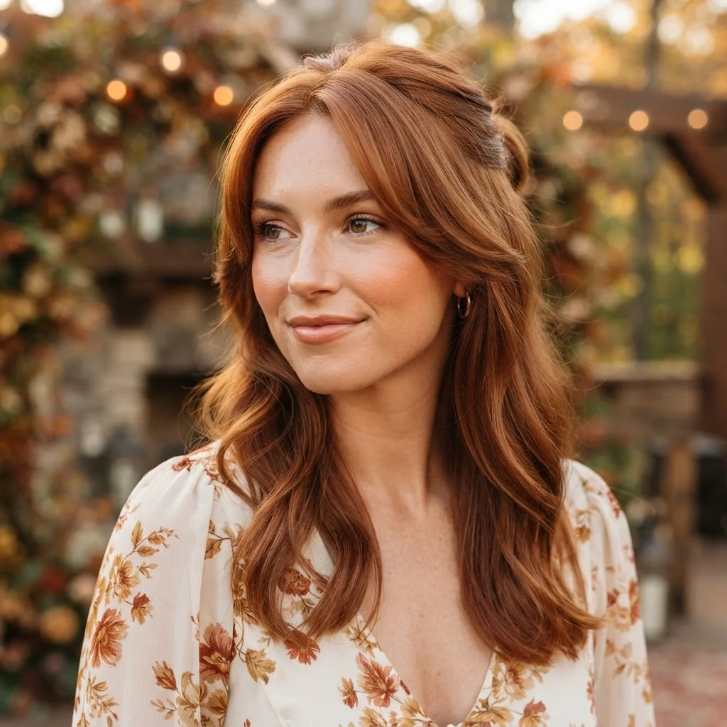 Fall Wedding Guest Hairstyles 2026: 20 Pretty Ideas for Every Dress & Hair Length 15 Woman hair styled with a Autumn Copper Half-Up with Feathered Ends