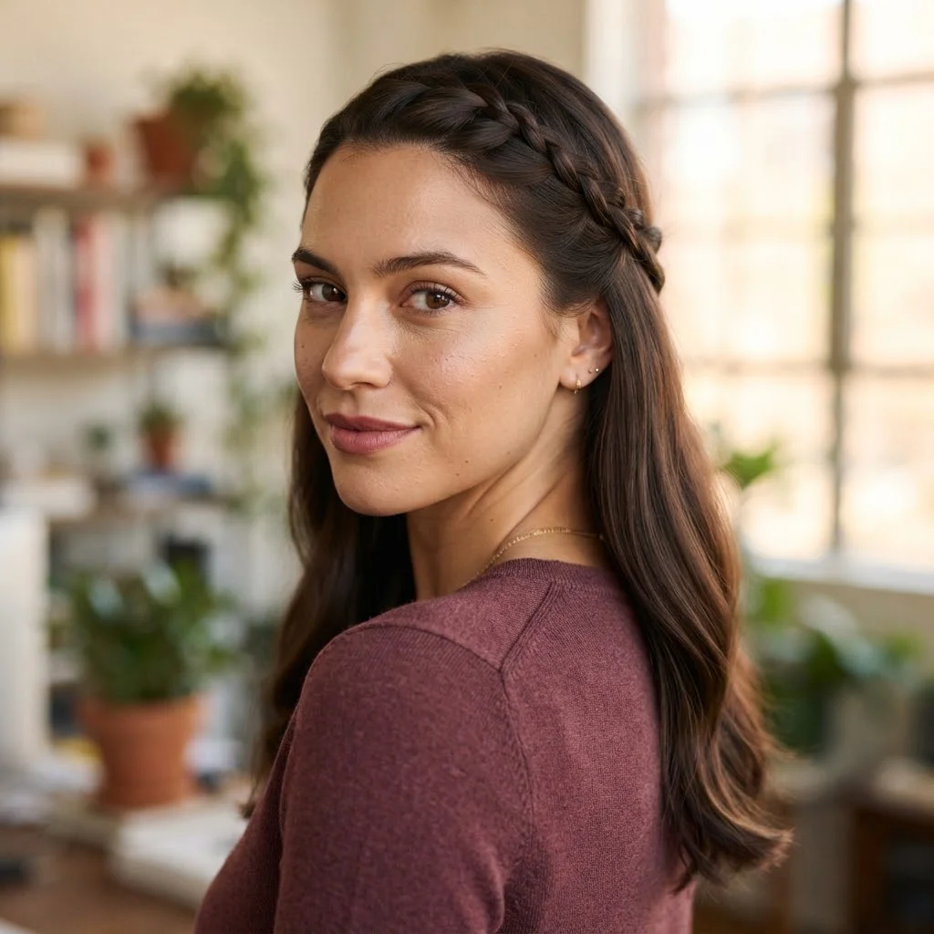 20 Chic Fall Hairstyles for Office 2026: That Look Polished All Day 16 Woman hair styled with a Braided Crown Accent With Loose Lengths