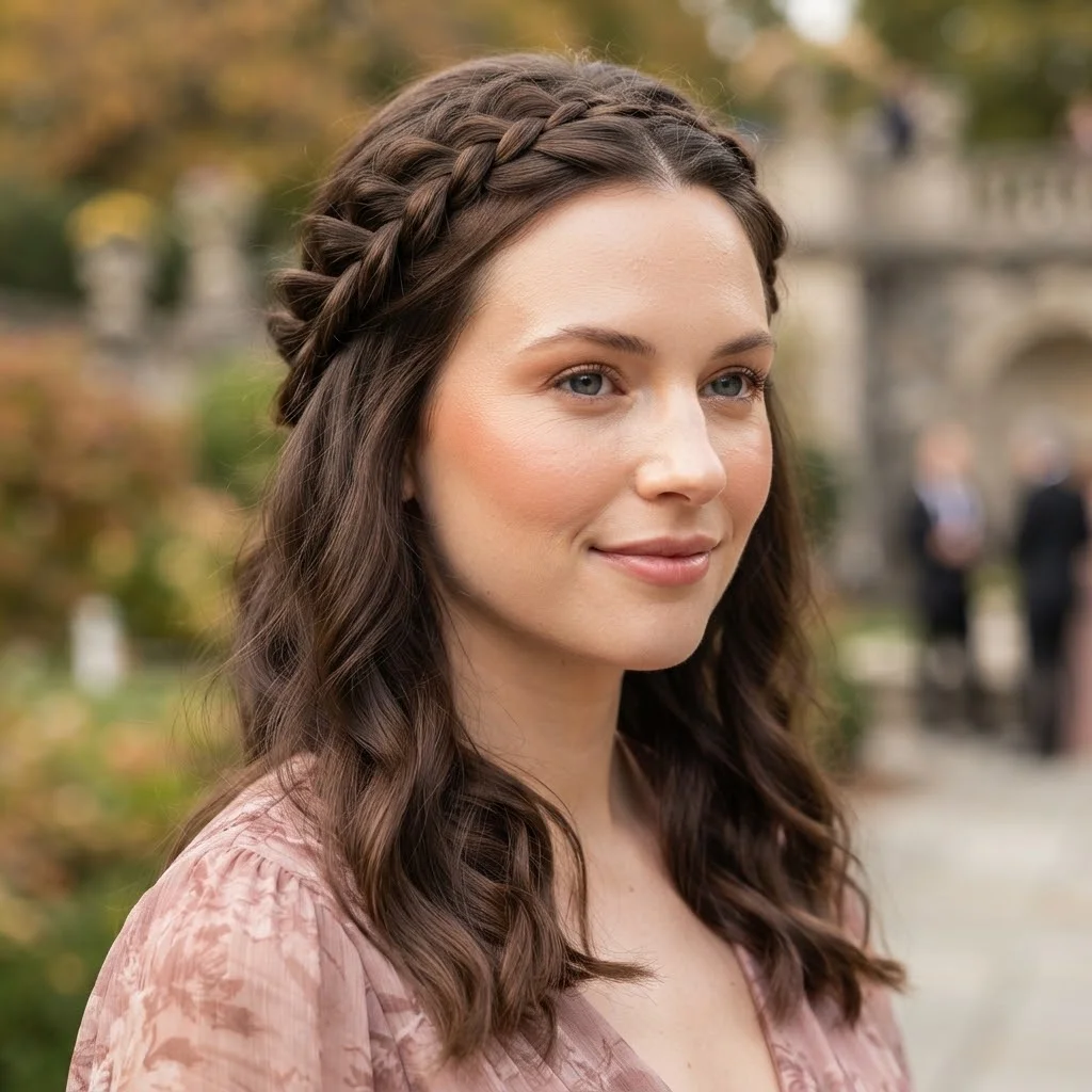 Fall Wedding Guest Hairstyles 2026: 20 Pretty Ideas for Every Dress & Hair Length 5 Woman hair styled with a Braided Crown with Loose Autumn Waves