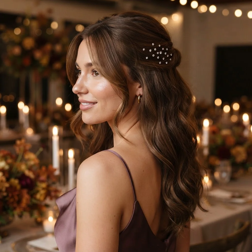 Fall Wedding Guest Hairstyles 2026: 20 Pretty Ideas for Every Dress & Hair Length 20 Woman hair styled with a Crystal Pin Half-Up with Face-Framing Layers