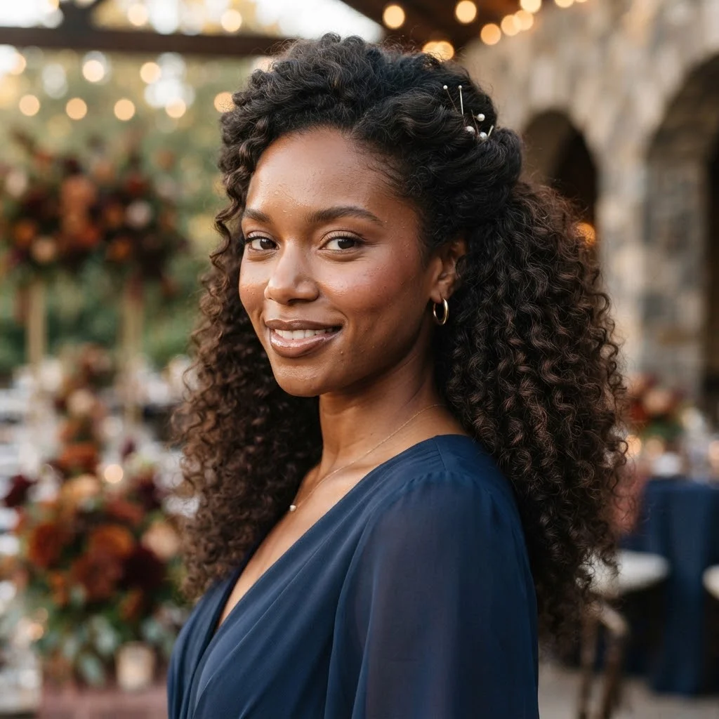Fall Wedding Guest Hairstyles 2026: 20 Pretty Ideas for Every Dress & Hair Length 11 Woman hair styled with a Curly Half-Up with Defined Natural Texture