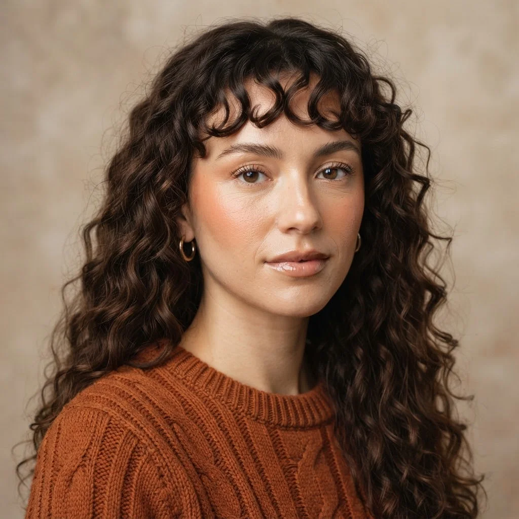 Woman hair styled with a Curly Long Hair With a Soft Curved Fringe