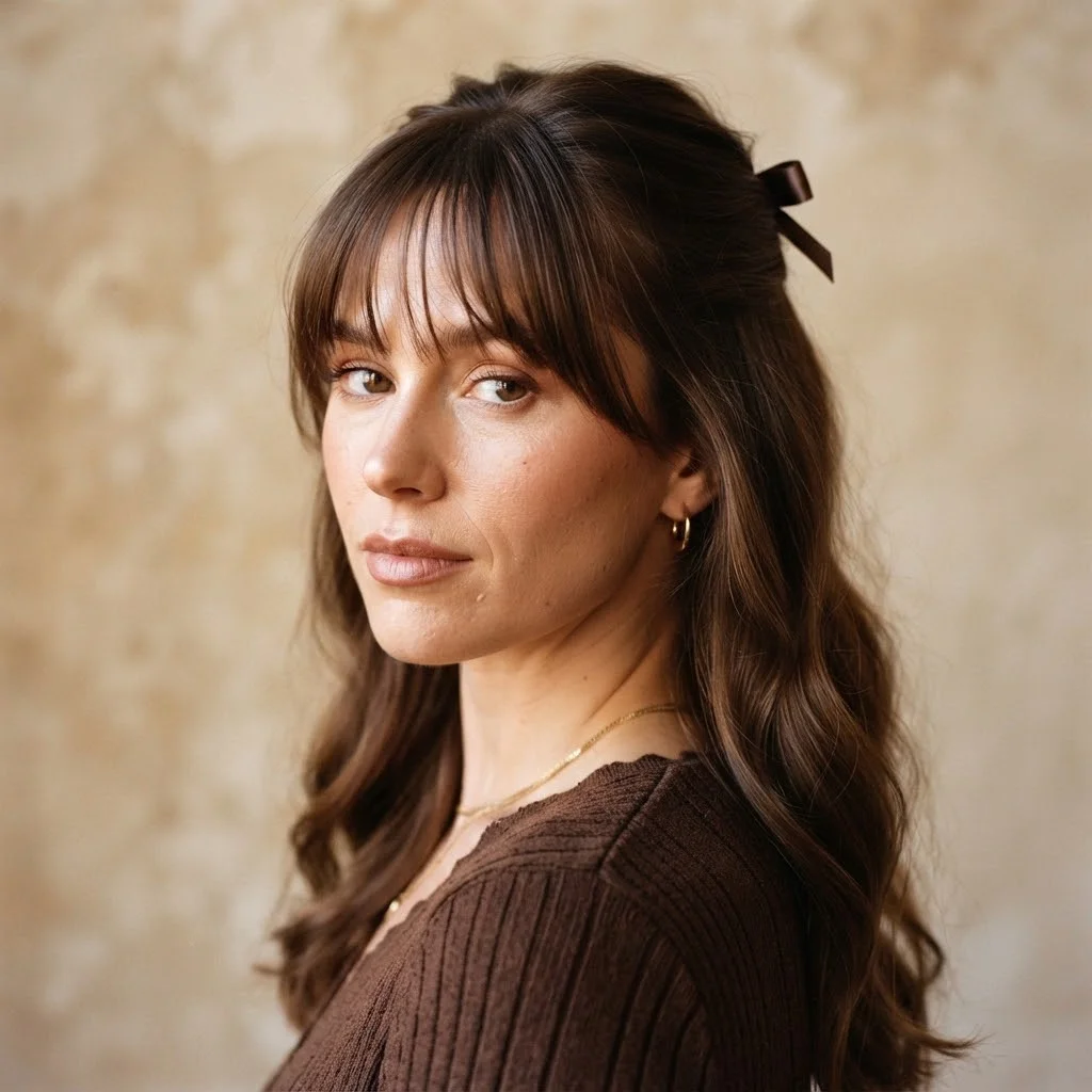 Woman hair styled with a Feather-Light Fringe With a Half-Up Bow