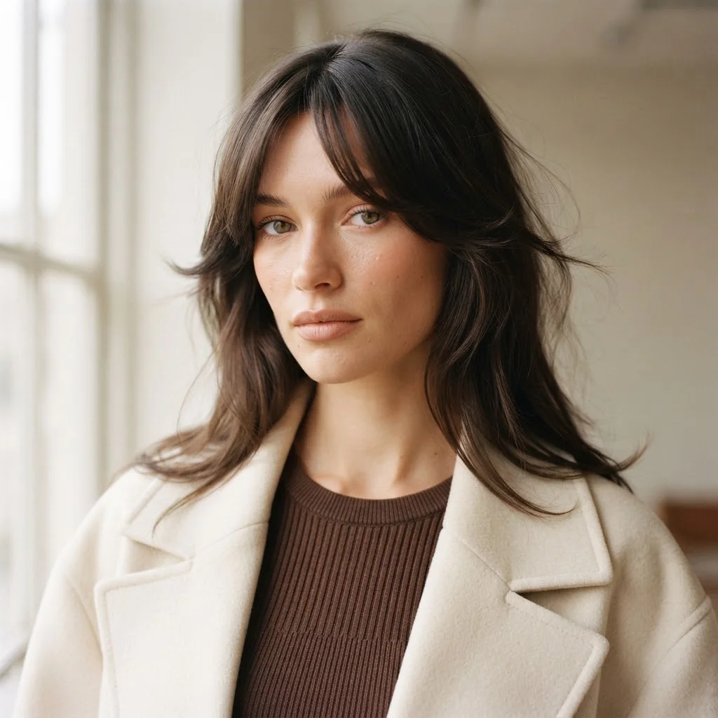 Woman hair styled with a Feathered Face Layers With Long Curtain Fringe