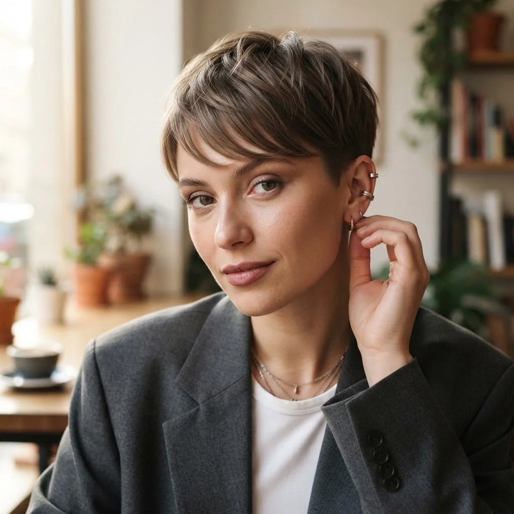 Fall Hairstyles for Short Hair 2026: 20 Cute & Easy Styles to Try This Season 8 Woman hair styled with a Feathered Pixie with Side-Swept Bangs
