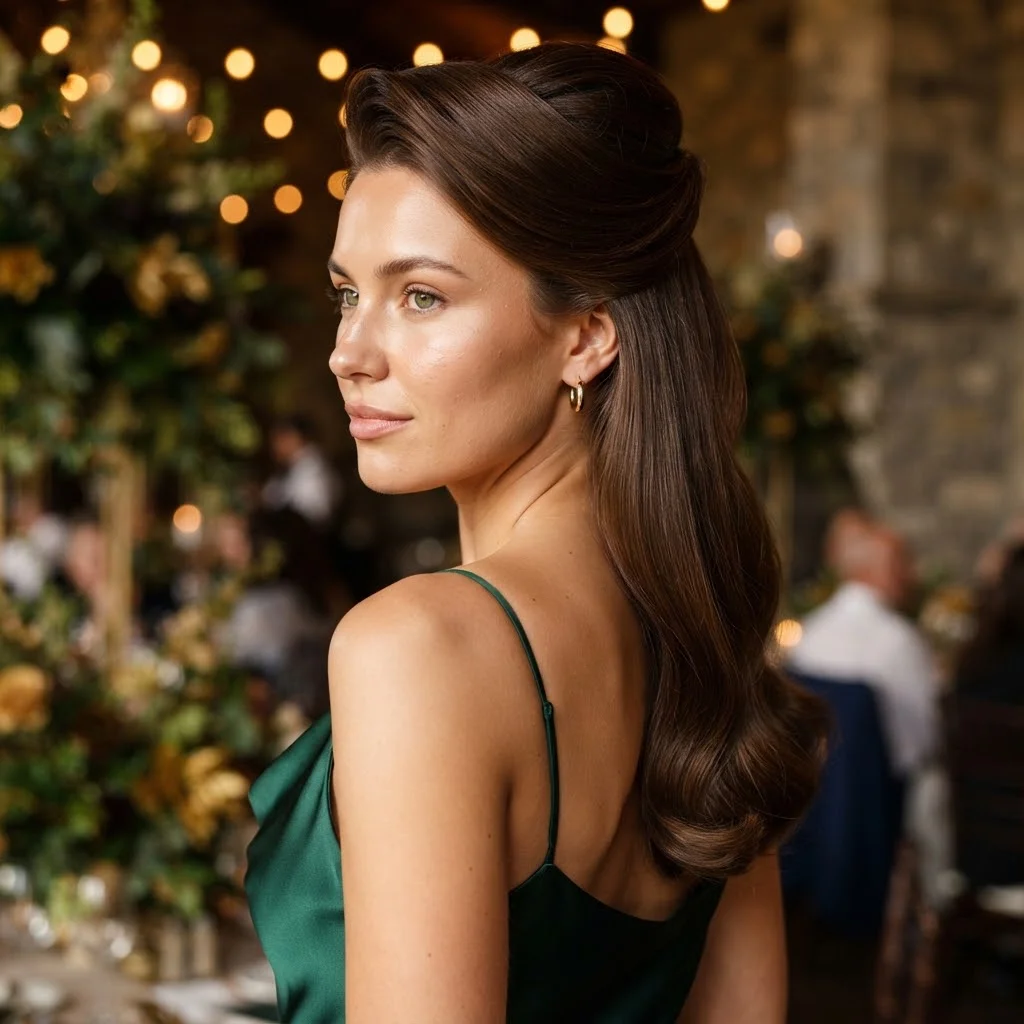 Fall Wedding Guest Hairstyles 2026: 20 Pretty Ideas for Every Dress & Hair Length 6 Woman hair styled with a Glossy Chocolate Half-Up Flip