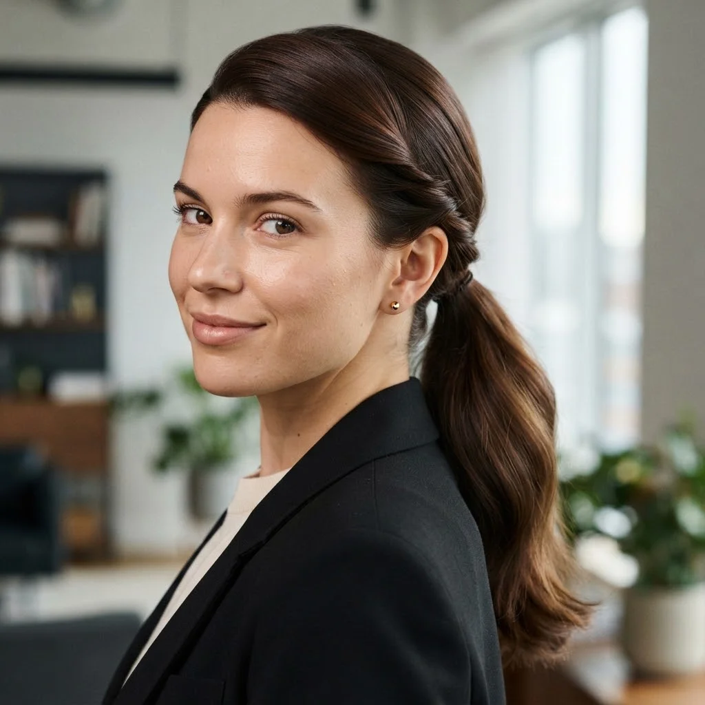 20 Chic Fall Hairstyles for Office 2026: That Look Polished All Day 10 Woman hair styled with a Glossy Low Pony With a Wrapped Side Detail