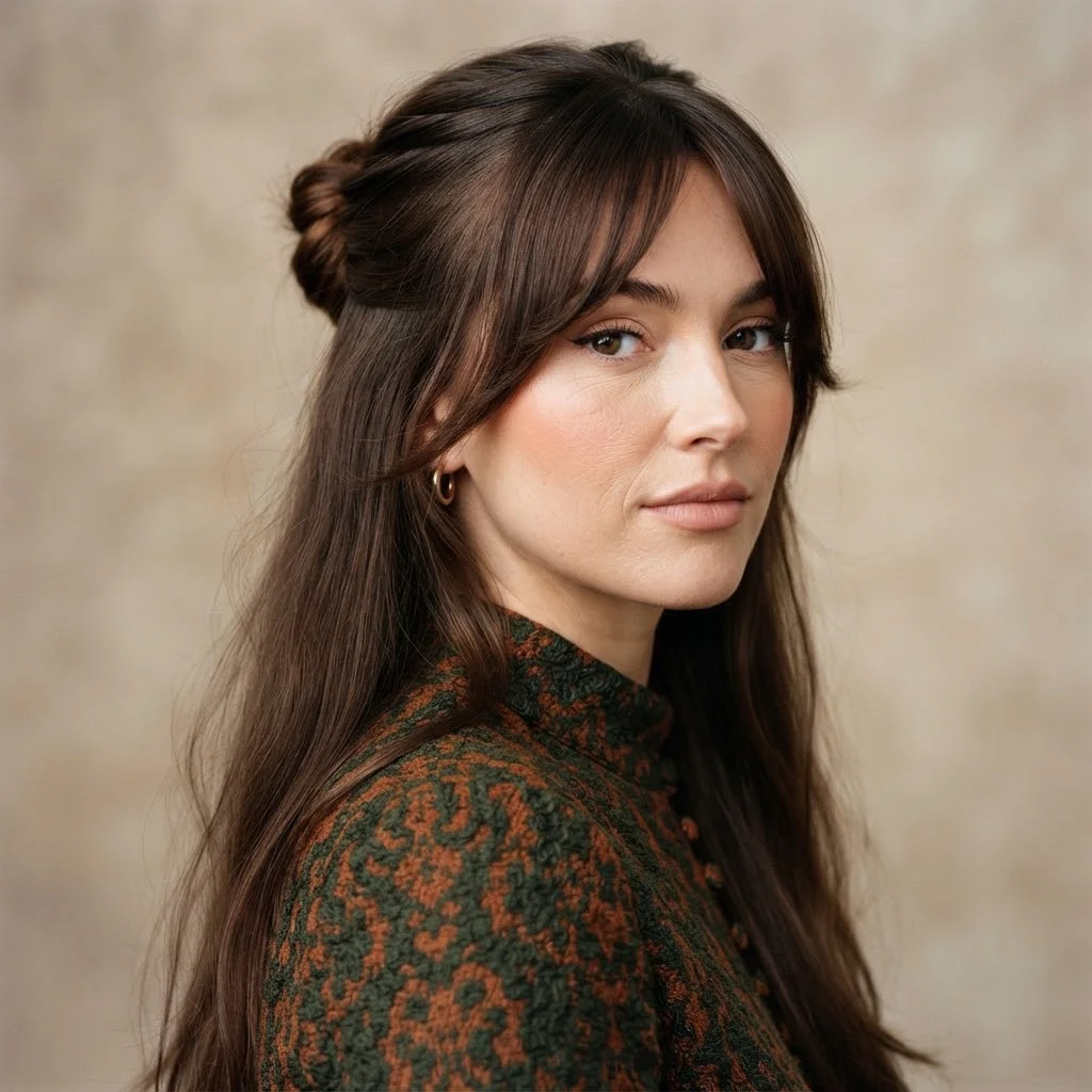 Woman hair styled with a Half-Up Chignon With Long Face-Framing Bangs