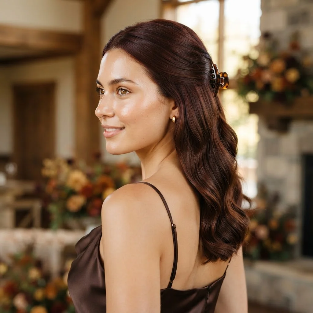 Fall Wedding Guest Hairstyles 2026: 20 Pretty Ideas for Every Dress & Hair Length 16 Woman hair styled with a Half-Up Claw Clip with Polished Waves