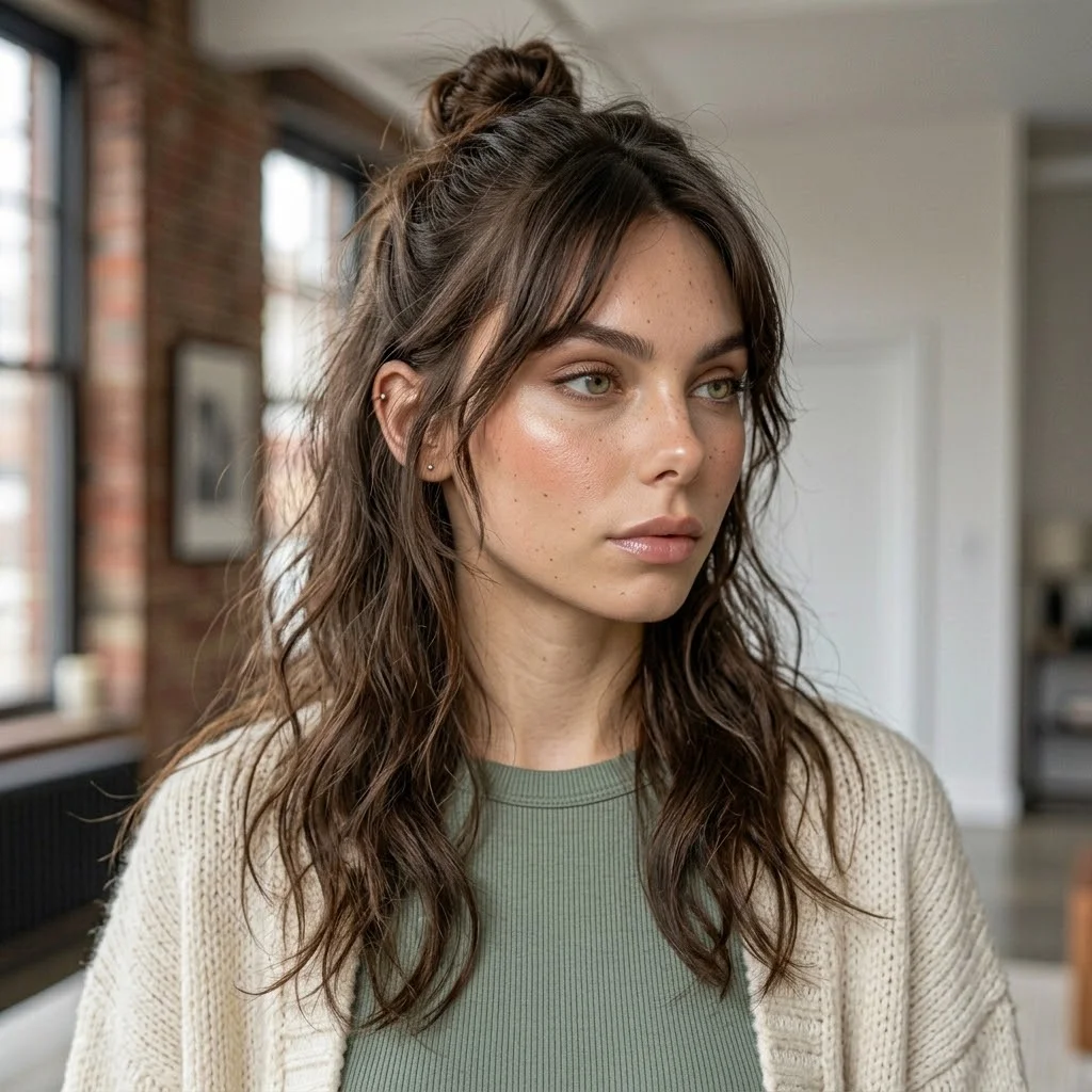 Woman hair styled with a  Half-Up Mini Bun With Loose Lengths