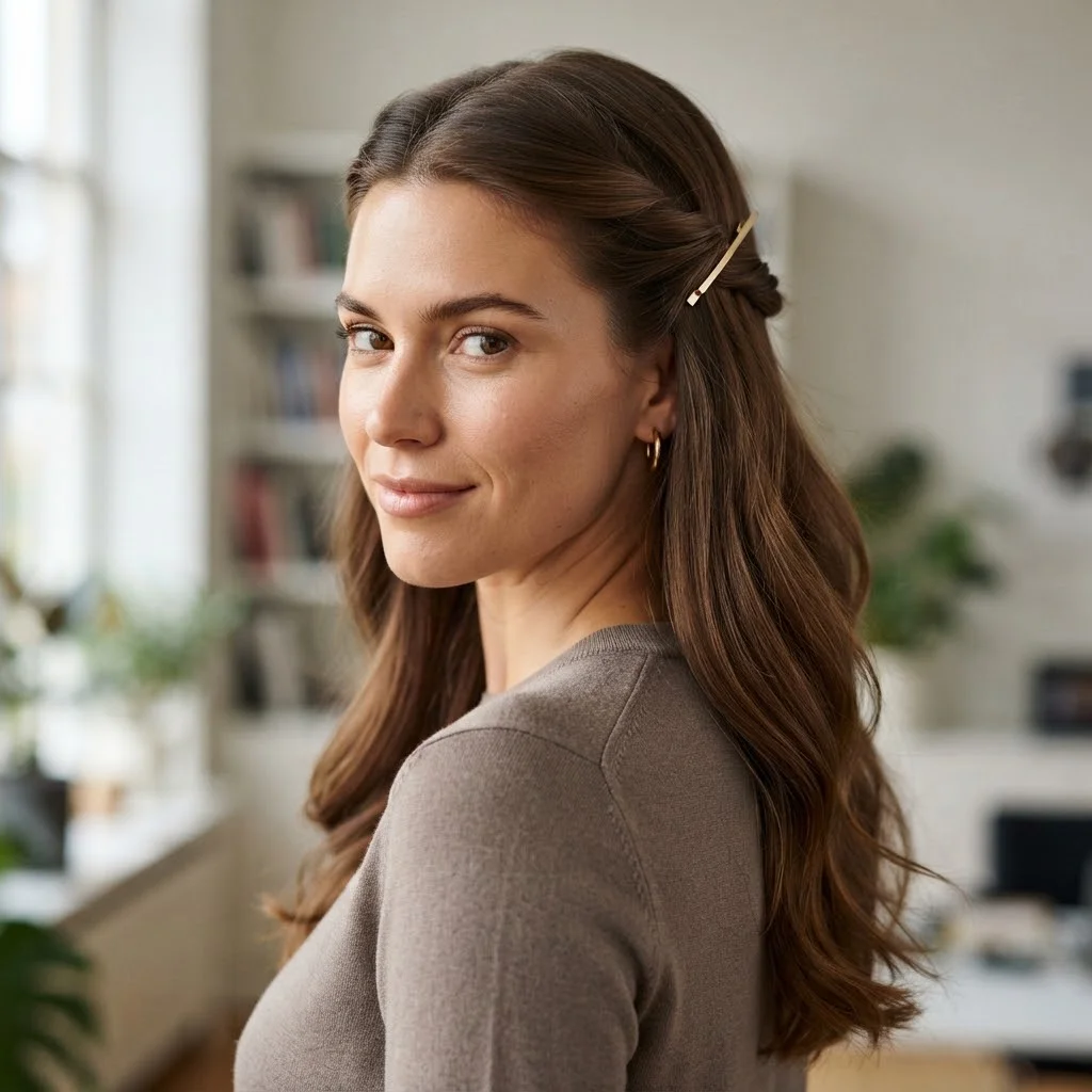 20 Chic Fall Hairstyles for Office 2026: That Look Polished All Day 8 Woman hair styled with a Half-Up Twist With a Slim Metal Clip