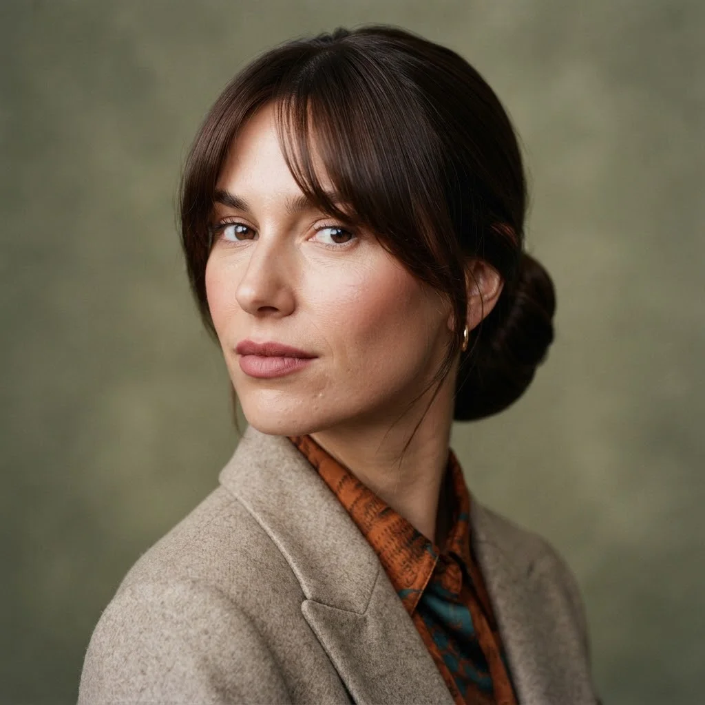 Woman hair styled with a  Long Curtain-Style Fringe With a Sleek Back Knot