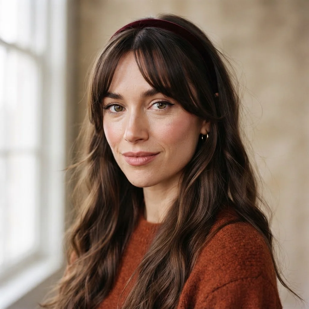 Woman hair styled with a Long Hair With Split Fringe and a Velvet Headband