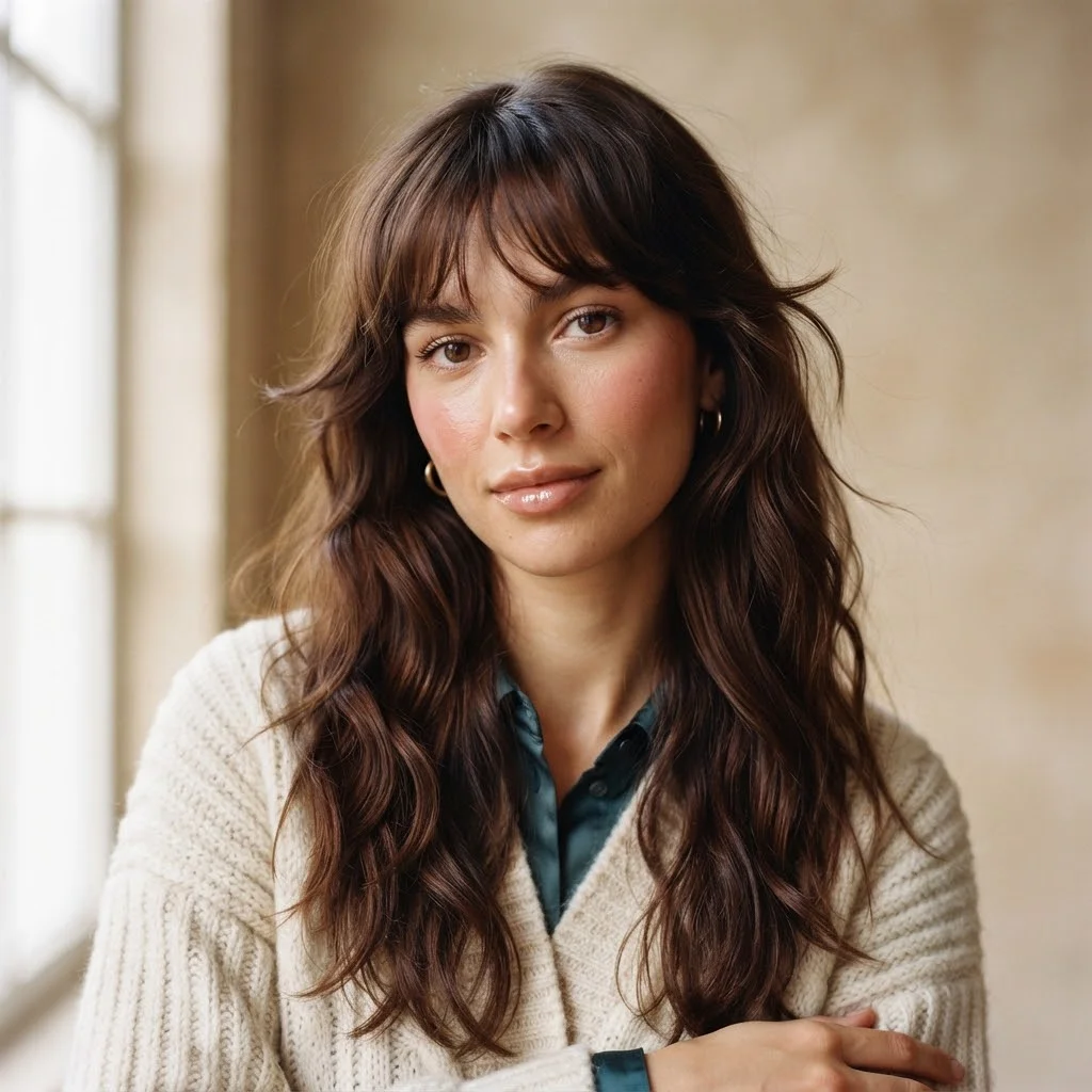 Woman hair styled with a  Long Natural Waves With Airy Cloud Bangs