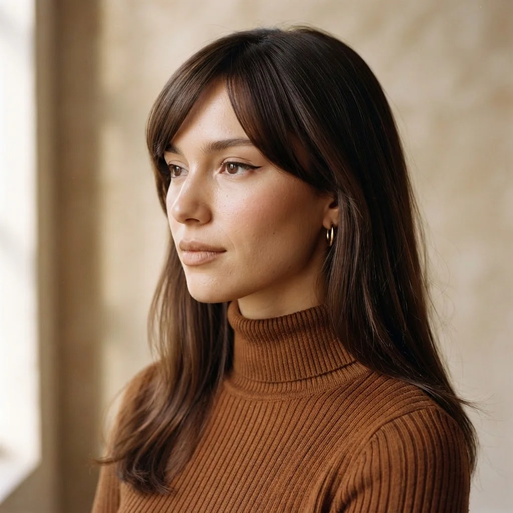 Woman hair styled with a Long Shiny Hair With a Subtle Side Fringe