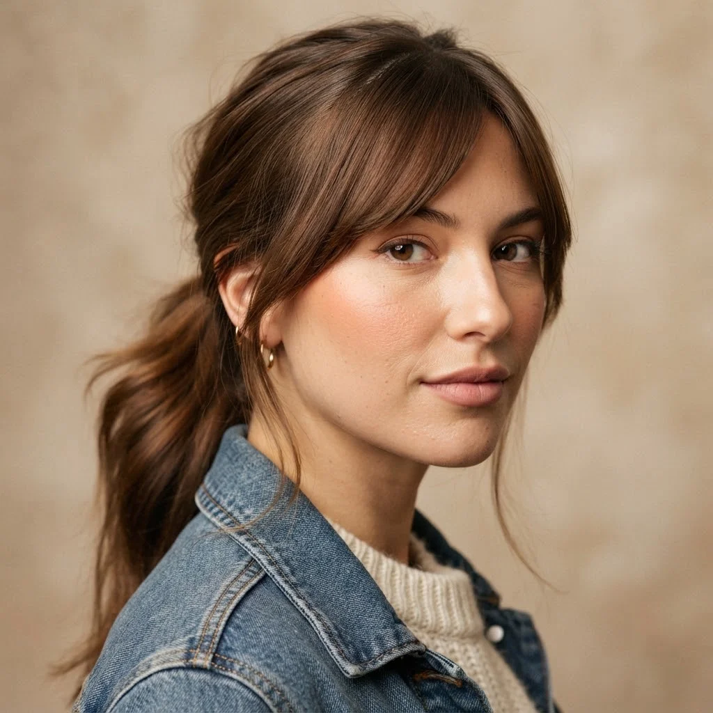 Woman hair styled with a  Long Side Bangs With a Relaxed Low Ponytail