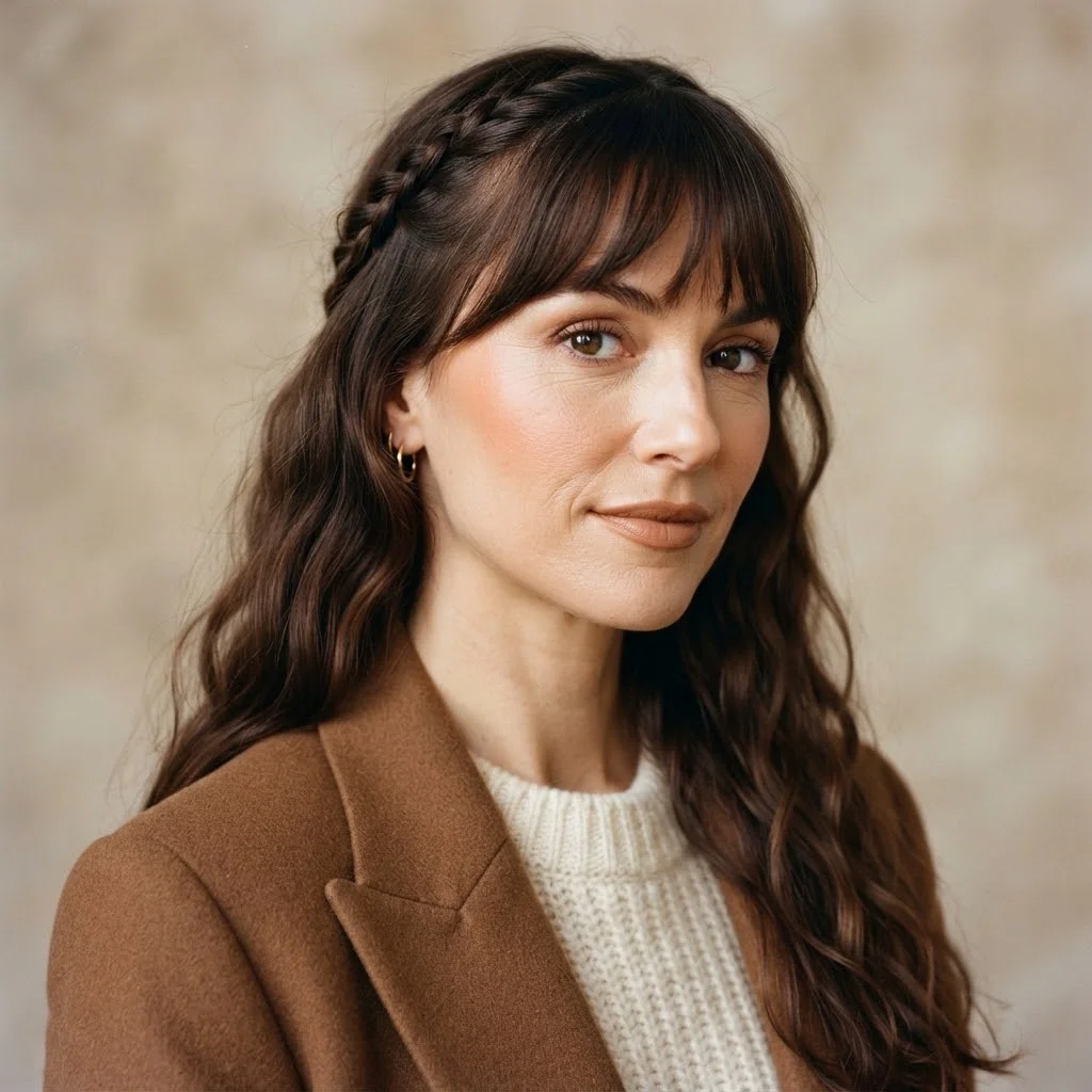 Woman hair styled with a Long Waves With a Tiny Crown Braid and Fringe