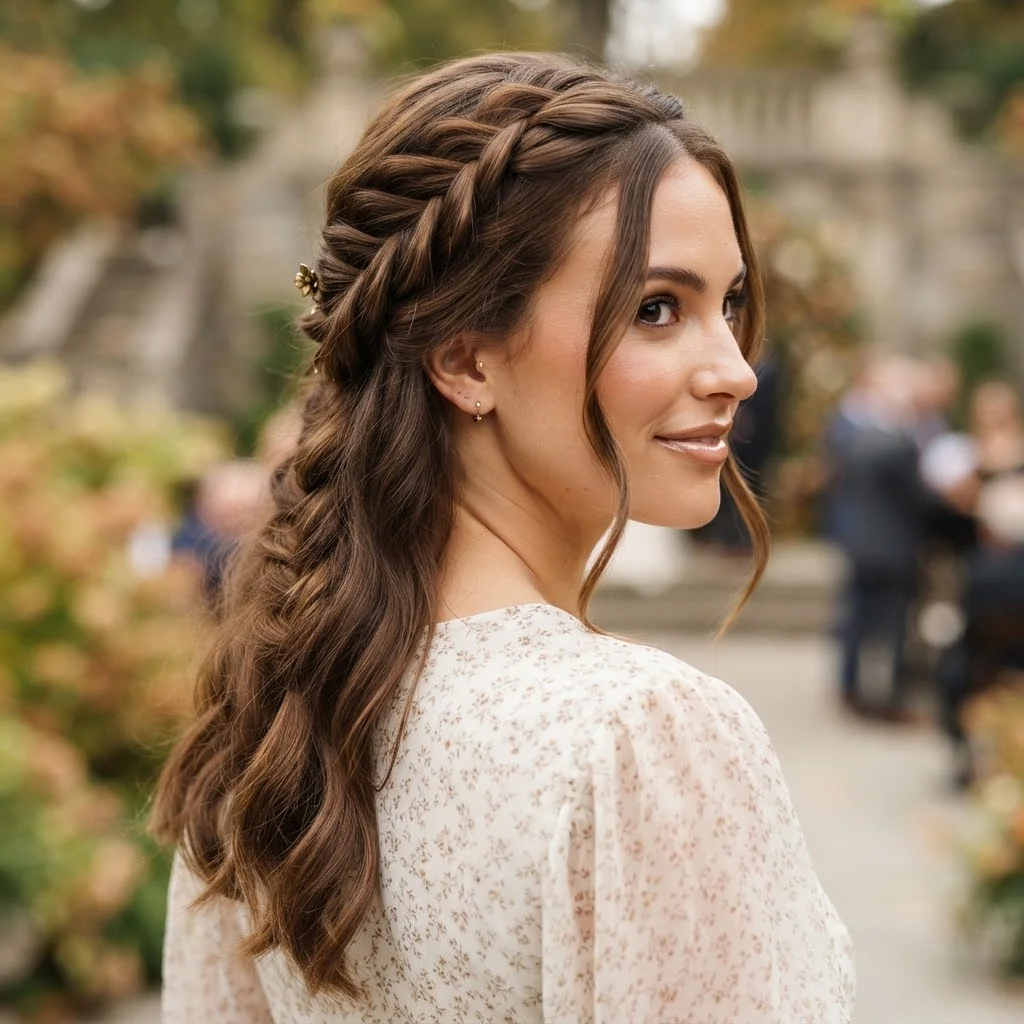 Fall Wedding Guest Hairstyles 2026: 20 Pretty Ideas for Every Dress & Hair Length 7 Woman hair styled with a Loose Fishtail Half-Up with Face-Framing Pieces