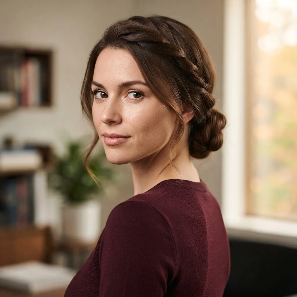 20 Chic Fall Hairstyles for Office 2026: That Look Polished All Day 6 Woman hair styled with a Low Knot With a Hidden Side Twist