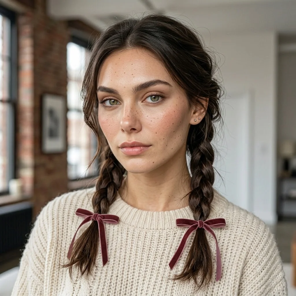 Woman hair styled with a Low Pigtail Braids With Ribbon Ends