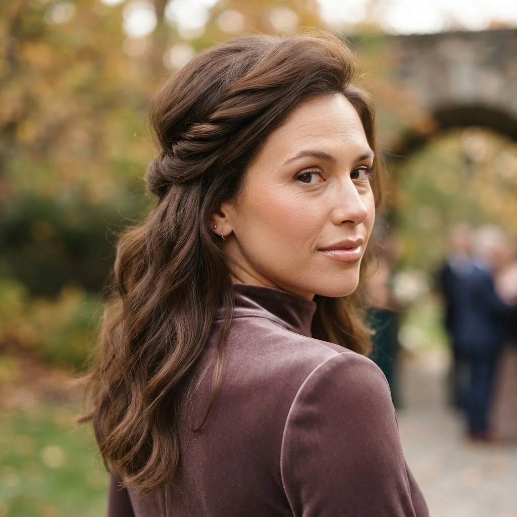 Fall Wedding Guest Hairstyles 2026: 20 Pretty Ideas for Every Dress & Hair Length 8 Woman hair styled with a Low Twist Half-Up with Airy Volume