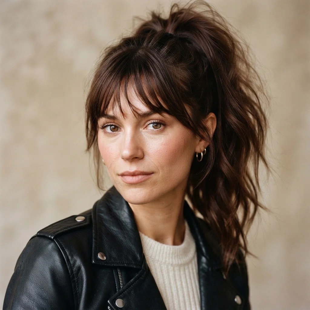 Woman hair styled with a Messy High Pony With Piecey Bangs