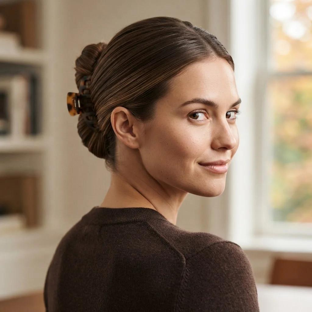 20 Chic Fall Hairstyles for Office 2026: That Look Polished All Day 3 Woman hair styled with a Modern Claw-Clip Twist With a Clean Hairline