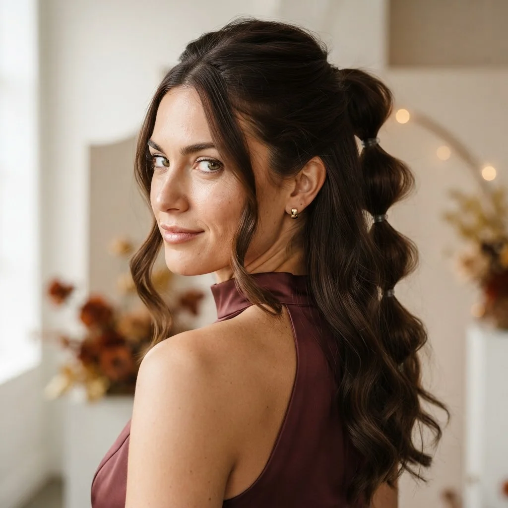 Fall Wedding Guest Hairstyles 2026: 20 Pretty Ideas for Every Dress & Hair Length 21 Woman hair styled with a Modern Half-Up Bubble Pony