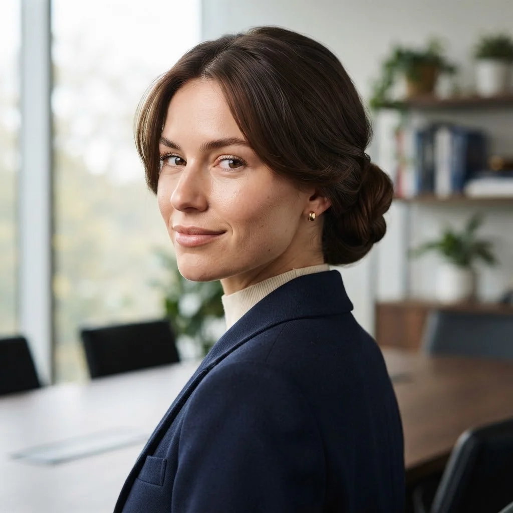 20 Chic Fall Hairstyles for Office 2026: That Look Polished All Day 18 Woman hair styled with a Modern Tucked Chignon With a Side Part