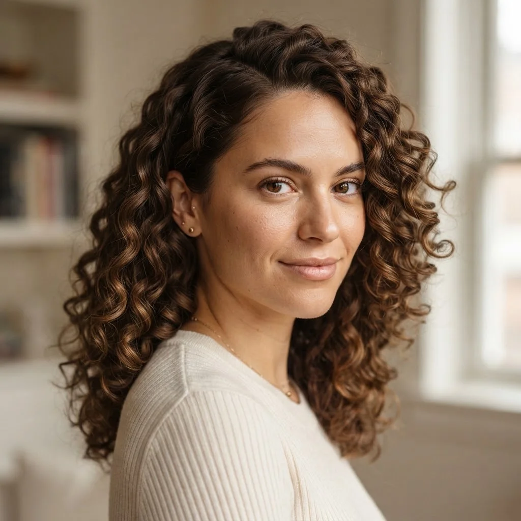20 Chic Fall Hairstyles for Office 2026: That Look Polished All Day 7 Woman hair styled with a Natural Curls With a Defined Side Shape