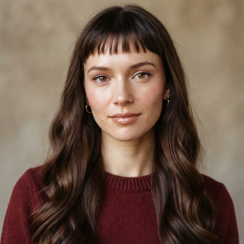Woman hair styled with a Piecey Short Bangs With Long Glossy Waves
