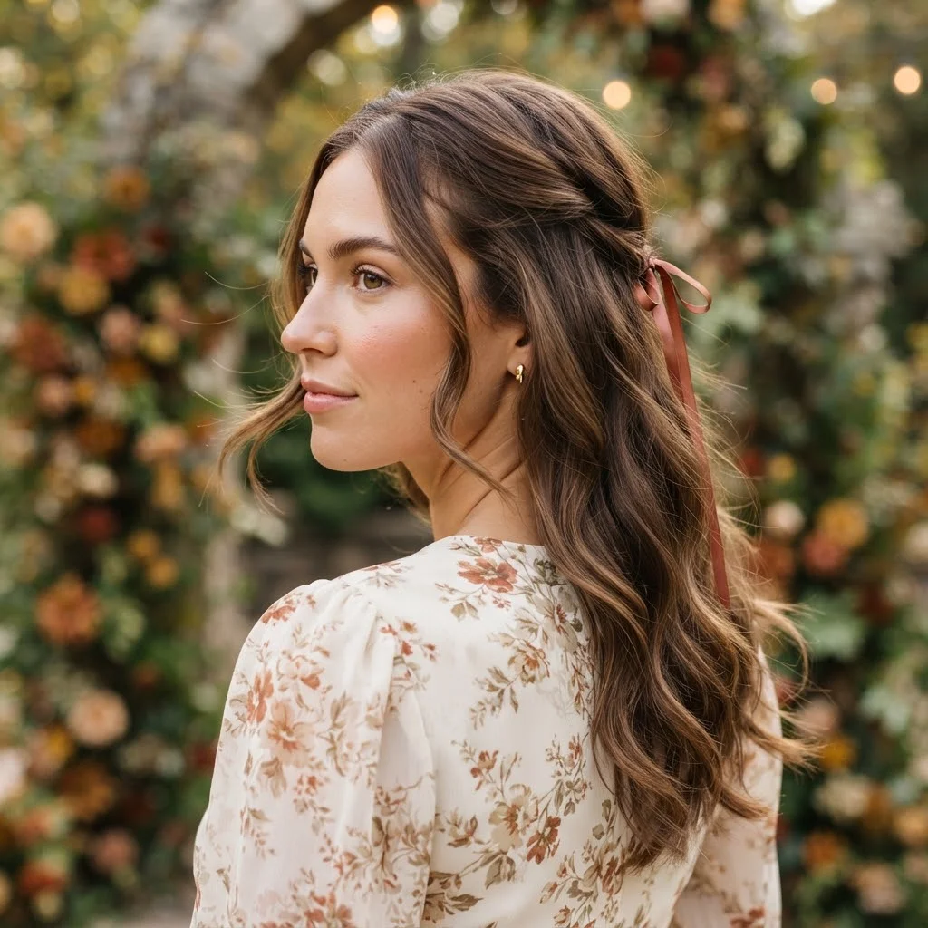 Fall Wedding Guest Hairstyles 2026: 20 Pretty Ideas for Every Dress & Hair Length 18 Woman hair styled with a Ribbon-Wrapped Beachy Waves for a Garden Wedding