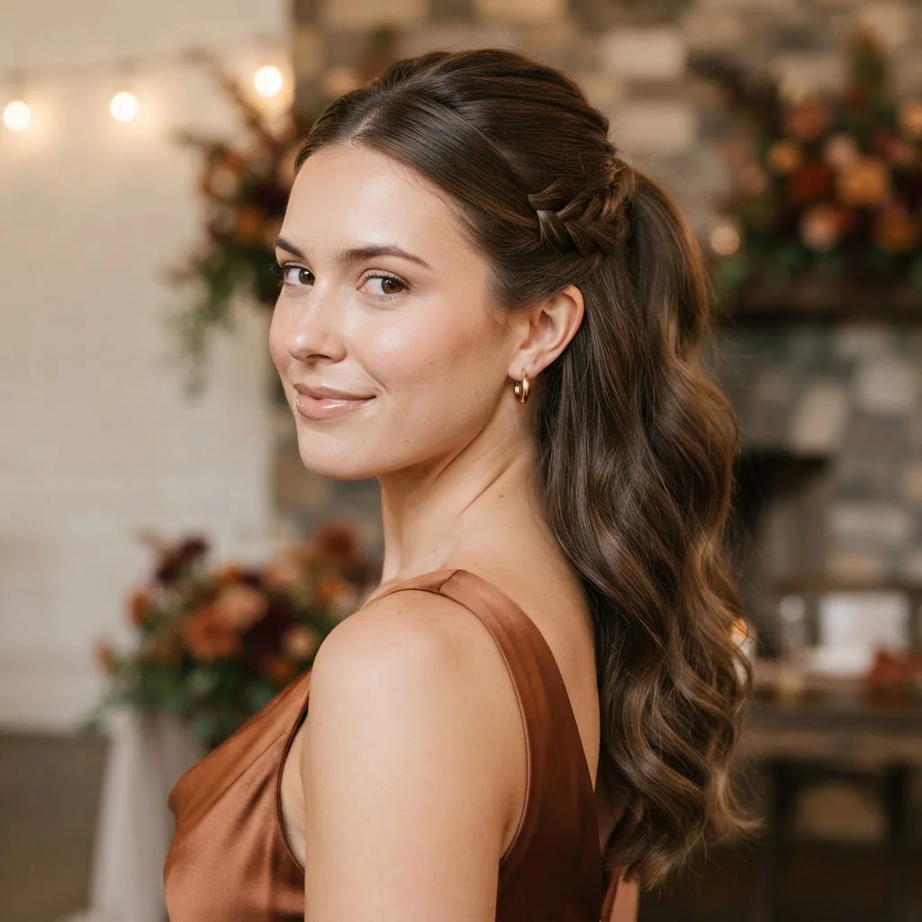 Fall Wedding Guest Hairstyles 2026: 20 Pretty Ideas for Every Dress & Hair Length 13 Woman hair styled with a Romantic Braided Pony Half-Up