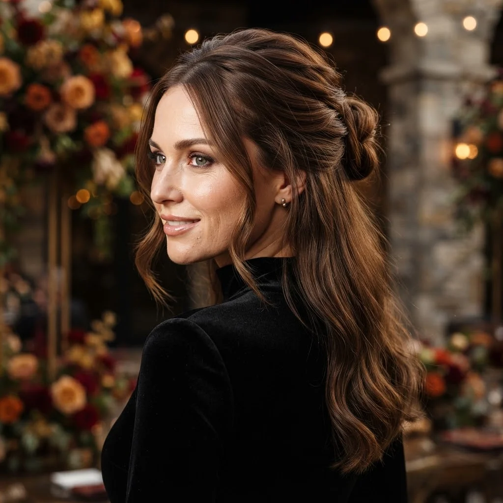Fall Wedding Guest Hairstyles 2026: 20 Pretty Ideas for Every Dress & Hair Length 17 Woman hair styled with a Romantic Half-Up Chignon with Loose Ends