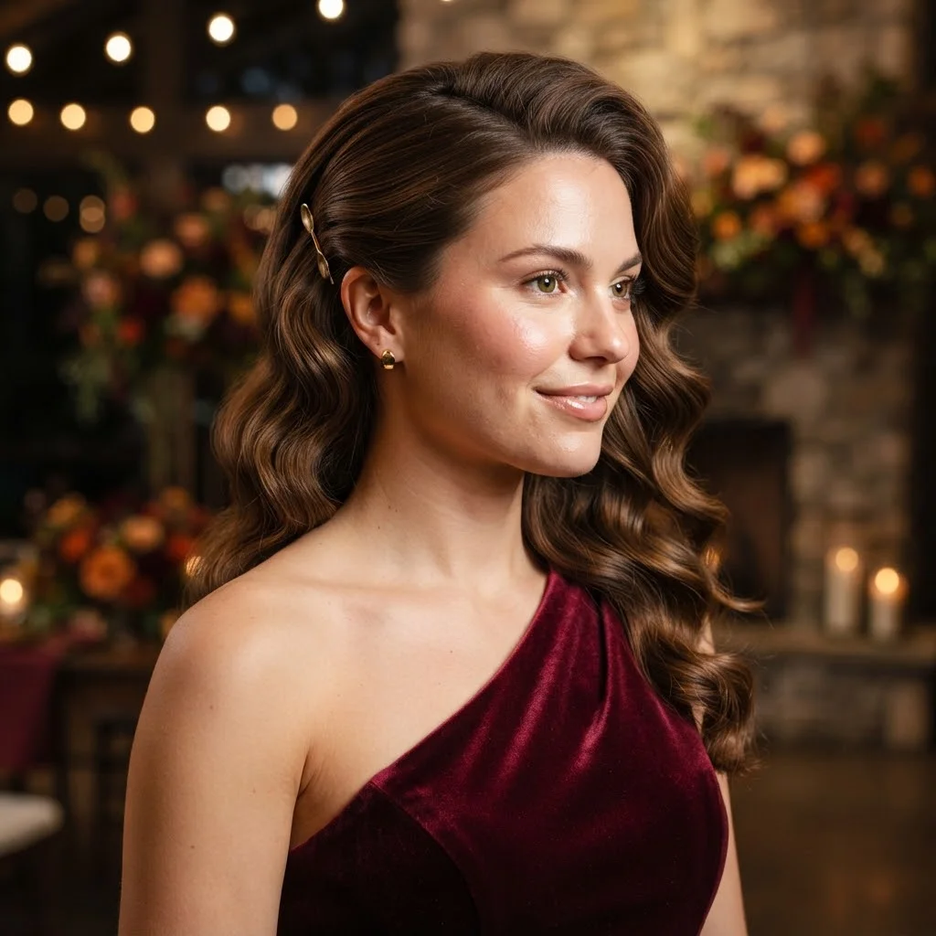 Fall Wedding Guest Hairstyles 2026: 20 Pretty Ideas for Every Dress & Hair Length 3 Woman hair styled with a Romantic Side-Swept Half-Up Curls