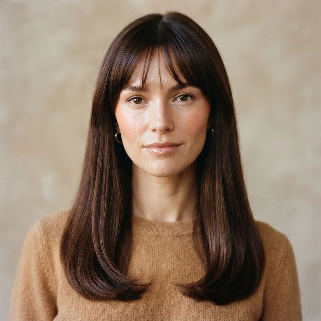 Woman hair styled with a  Rounded Ends With Soft Brow-Skimming Fringe