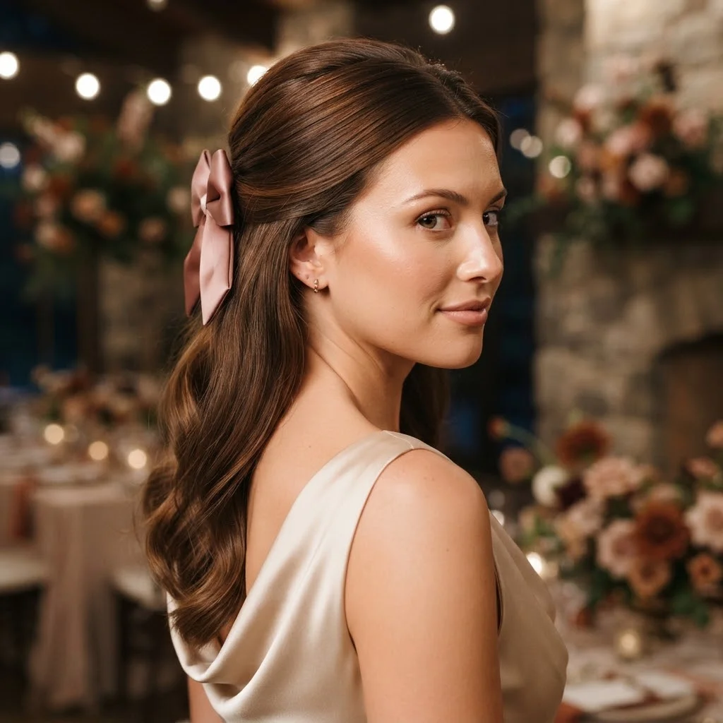 Fall Wedding Guest Hairstyles 2026: 20 Pretty Ideas for Every Dress & Hair Length 10 Woman hair styled with a Satin Bow Half-Up with Soft Bend