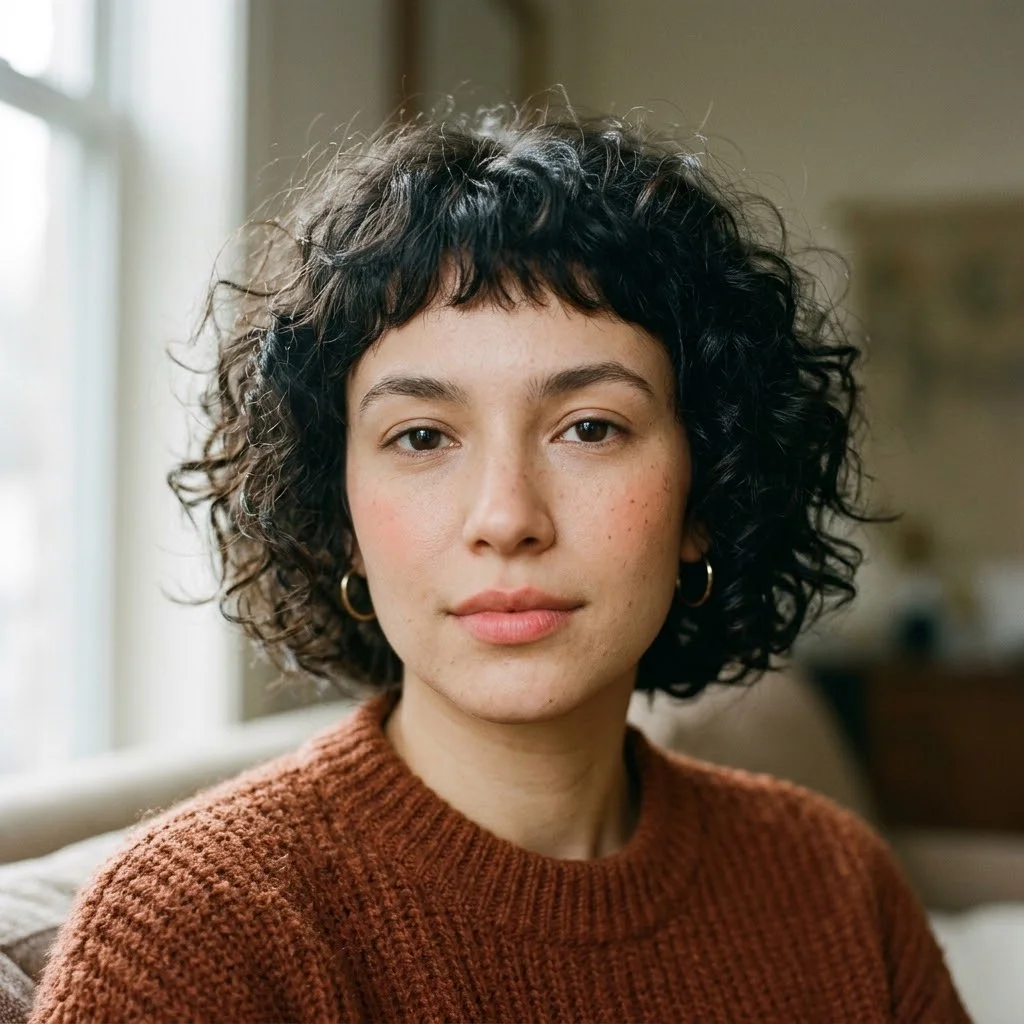 Woman hair styled with a  Shaggy Curly Bob With Micro Fringe