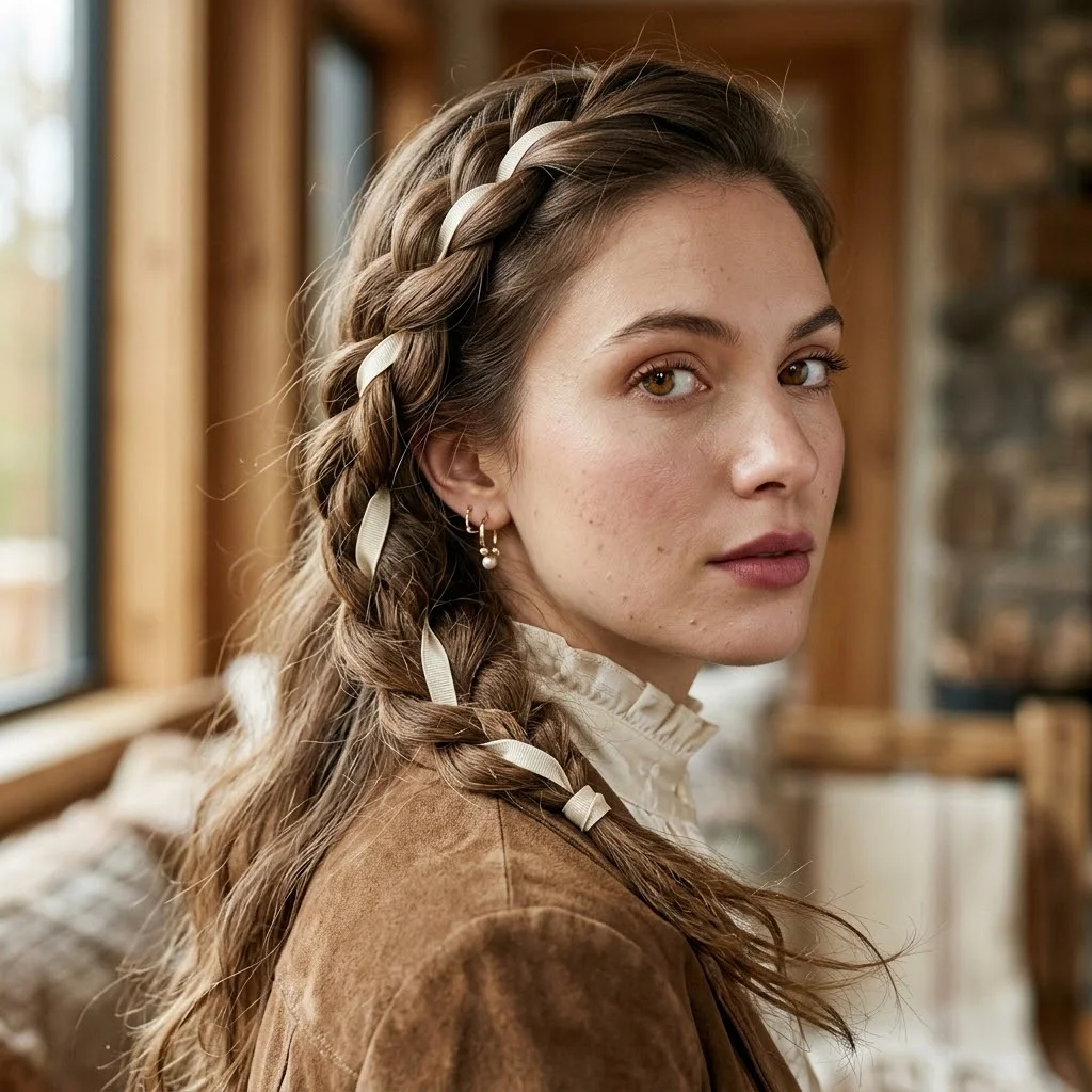 Woman hair styled with a Side-Parted Ribbon Braid Cascade