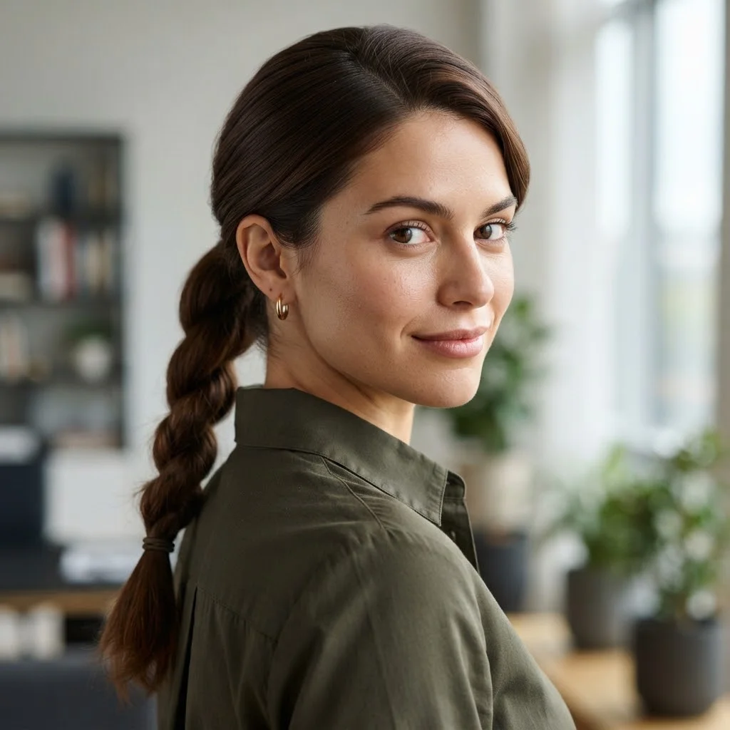 20 Chic Fall Hairstyles for Office 2026: That Look Polished All Day 14 Woman hair styled with a Side-Parted Rope Ponytail