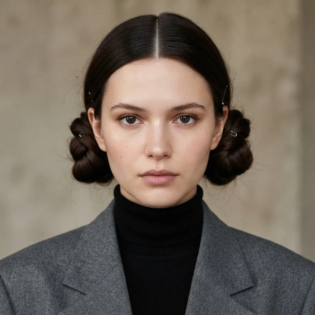 Woman hair styled with a Sleek Double-Bun Updo With Middle Part