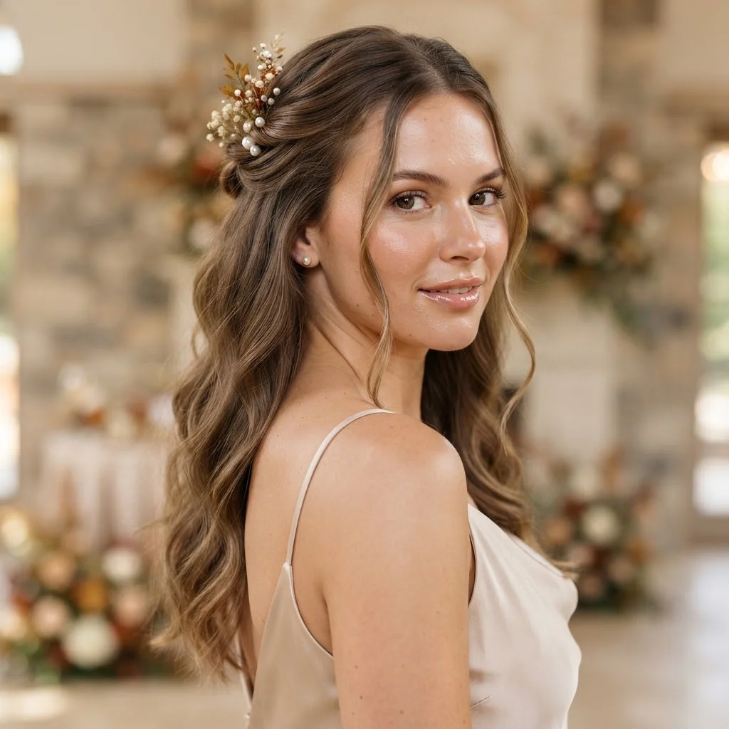 Fall Wedding Guest Hairstyles 2026: 20 Pretty Ideas for Every Dress & Hair Length 2 Woman hair styled with a Soft Pearl-Knot Half-Up Waves