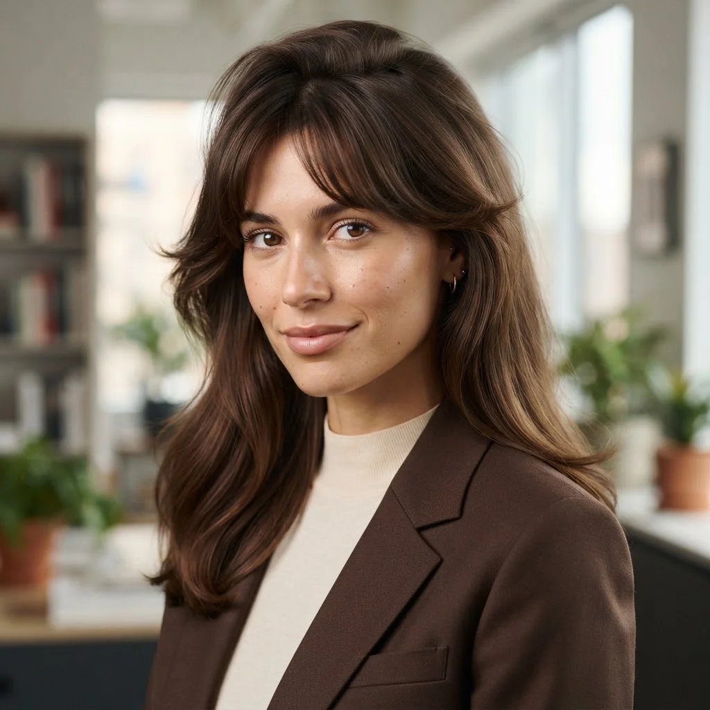 20 Chic Fall Hairstyles for Office 2026: That Look Polished All Day 21 Woman hair styled with a Soft Volume Blow-Dry With a Flipped Fringe