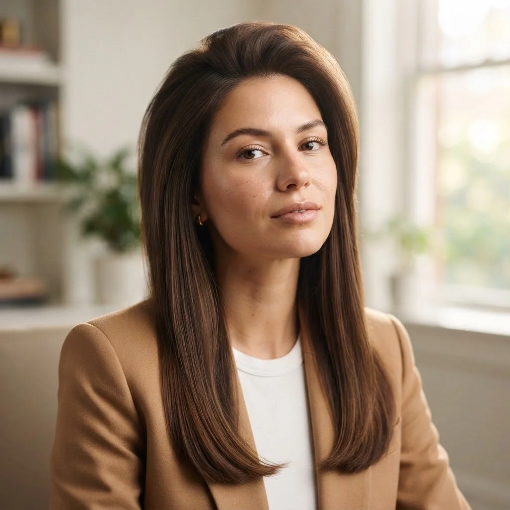20 Chic Fall Hairstyles for Office 2026: That Look Polished All Day 13 Woman hair styled with a Soft Volume Crown With Straight Ends