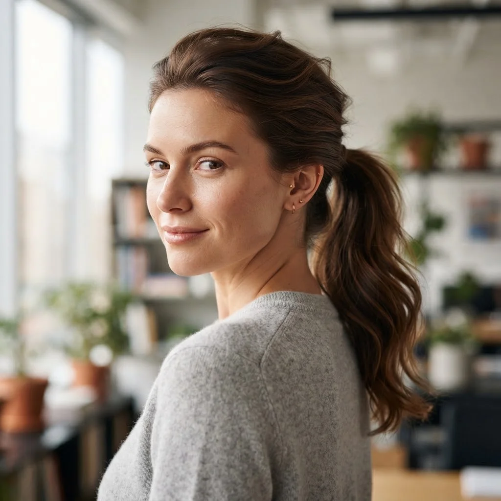 20 Chic Fall Hairstyles for Office 2026: That Look Polished All Day 17 Woman hair styled with a Textured Mid-Height Pony With Soft Ends