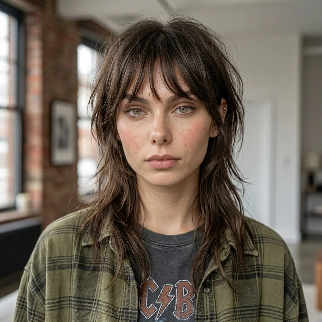 Woman hair styled with a Textured Wolf Cut With Piecey Bangs