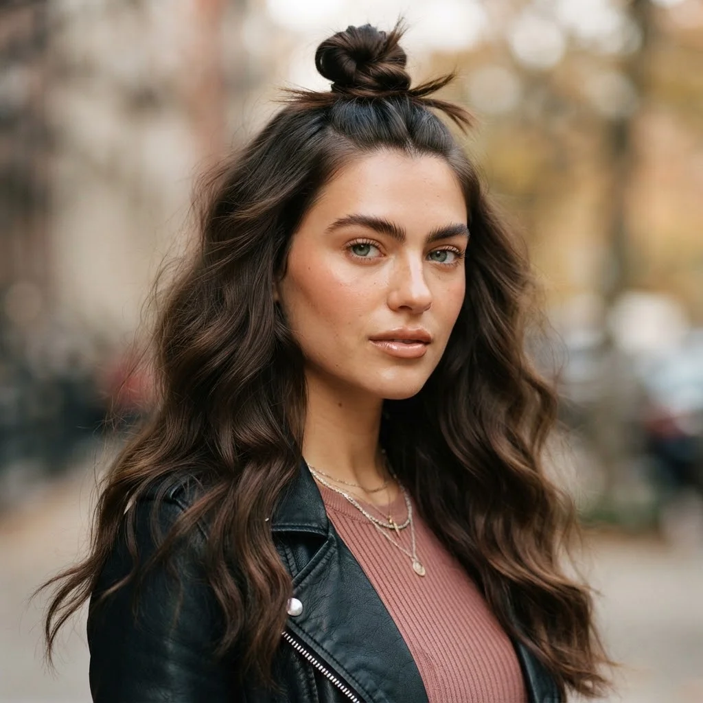 Woman hair styled with a Tousled Mini Top Knot With Long Loose Pieces