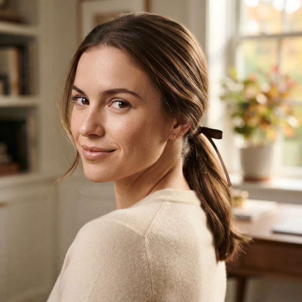 20 Chic Fall Hairstyles for Office 2026: That Look Polished All Day 12 Woman hair styled with a Tucked Low Pony With a Ribbon Tie