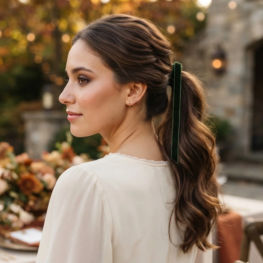 Fall Wedding Guest Hairstyles 2026: 20 Pretty Ideas for Every Dress & Hair Length 4 Woman hair styled with a Velvet Ribbon Half-Up Pony